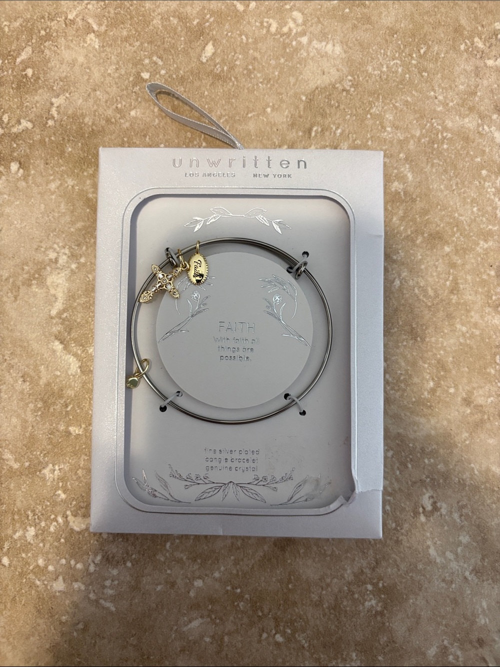 Unwritten Silver Bangle Bracelet with Gold Cross & Charm Accents